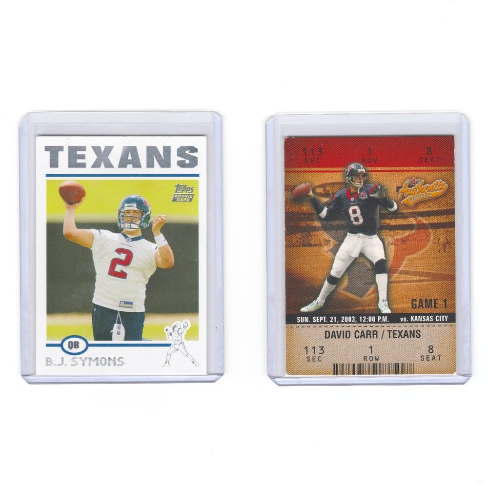 Houston Texans QBs BJ Symons Rookie Card & David Carr Fleer Card Very Nice!!